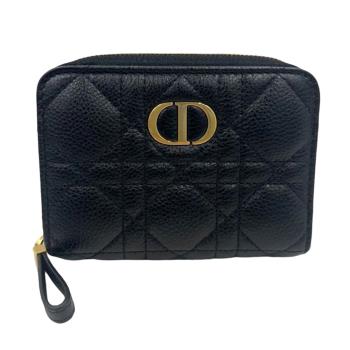 【Dior】迪奧 CARO Cannage 藤格紋圖案小羊皮 拉鏈錢包/短夾 (含零錢袋) 黑色 - S5032UWHC_900U