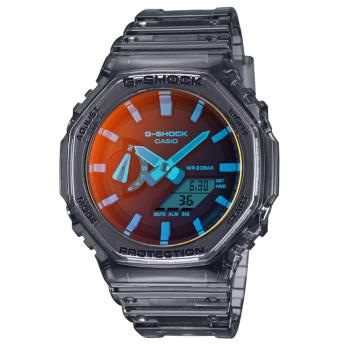 【CASIO 卡西歐】G-SHOCK 搶眼反射錶面 夏日黃昏 暖橘漸變 酷炫多彩 個性透灰 GA-2100TLS-8A_45.4mm