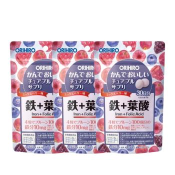 ORIHIRO機能咀嚼錠-綜合莓果口味 鐵+葉酸(120粒/包)X3