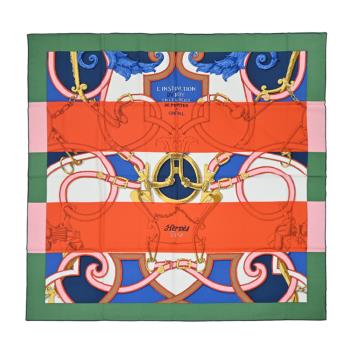 Hermes 愛馬仕 LInstruction du Roy Bayadere 140 cm手工捲邊喀什米爾與真絲混紡方巾(淺青苔/橘/皇家藍)