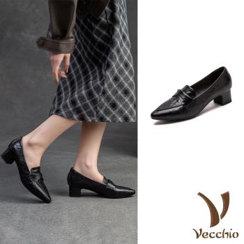 【VECCHIO】羊皮尖頭高跟鞋/真皮羊皮翻領蝴蝶結小尖頭造型高跟鞋 女鞋 黑