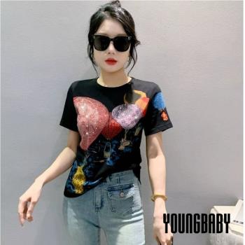 【YOUNGBABY中大碼】歐風重工燙鑽熱氣球圓領棉T 中大尺碼女裝 