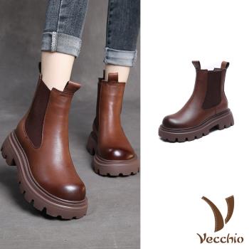【VECCHIO】真皮切爾西靴/真皮頭層牛皮手工復古厚底切爾西煙筒靴 女鞋 棕