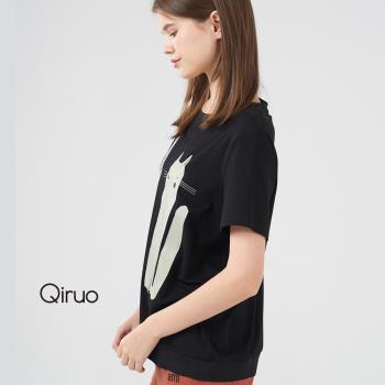 【Qiruo 奇若】春夏專櫃黑色短袖上衣2091A 精品貓咪圖案