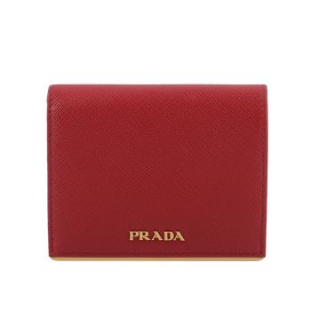 PRADA 徽標Logo 金屬線防刮皮革二折零錢袋短夾(紅色)