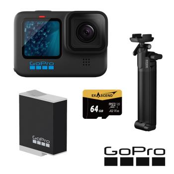 【GoPro】HERO11 Black 三向輕裝套組 (HERO11單機+三向多功能自拍桿2.0+Enduro原廠電池+64G記憶卡) 正成公司貨