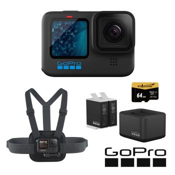 【GoPro】HERO11 Black 玩樂續航套組 (HERO11單機+胸前綁帶+Enduro雙座充+雙電池+64G記憶卡) 正成公司貨