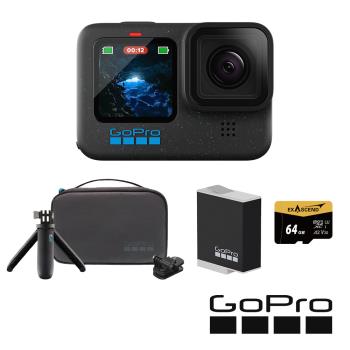 【GoPro】HERO12 Black 旅遊輕裝套組 (HERO12單機+旅行套件組+Enduro原廠充電電池+64G記憶卡) 正成公司貨