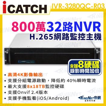 【帝網KingNet】ICATCH 可取 IVR-3280QC-R03 ULTRA 32路 NVR 錄影主機 4K 800萬 支援8顆監控硬碟
