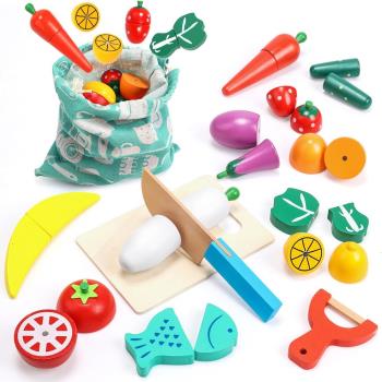 CUTE STONE兒童仿真木製蔬菜水果切切樂15件組套裝收納玩具