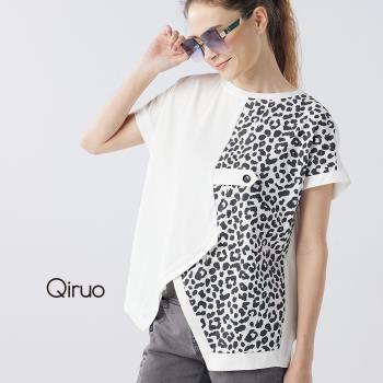 【Qiruo 奇若】春夏專櫃白色上衣3060A  雙拼豹紋圖案