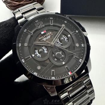 TommyHilfiger 湯米希爾費格男錶 50mm 黑圓形精鋼錶殼 黑色三眼, 鏤空, 中三針顯示錶面款 TH00065