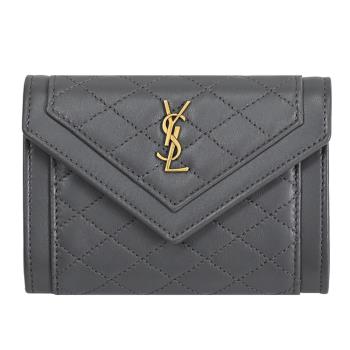YSL 692052 品牌LOGO菱格羊皮扣式短夾/零錢包.深灰
