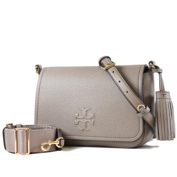 TORY BURCH THEA FLA 荔枝紋流蘇雙背帶翻蓋斜背包-灰色