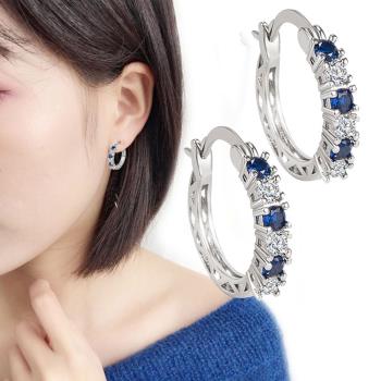【Emi艾迷】韓系藍色密語鋯石環繞 耳環 耳扣