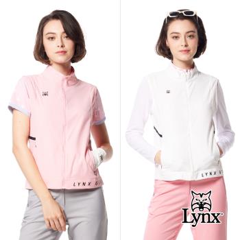 【Lynx Golf】女款吸溼排汗機能織帶剪接設計後背山貓沖孔配布造型無袖背心-白色