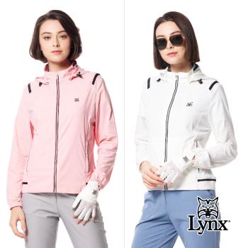 【Lynx Golf】女款吸溼排汗機能羅紋配條造型山貓膠標拉鍊口袋可拆式連帽長袖外套-白色