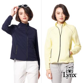 【Lynx Golf】女款彈性舒適沖孔配布後腰剪接針織帶造型拉鍊口袋長袖外套-霧黃色