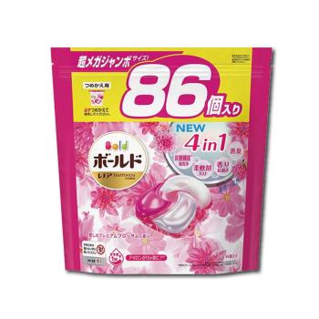 日本P&amp;G Bold-新4D炭酸機能4合1強洗淨2倍消臭柔軟花香洗衣凝膠球86顆/粉紅袋-牡丹花香