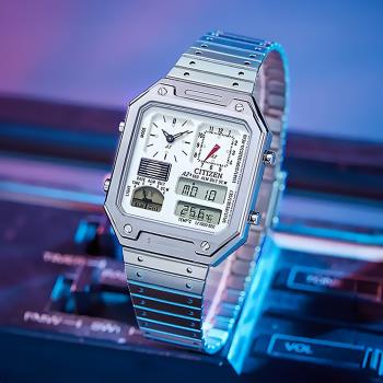 Citizen 星辰 GENT系列 JG2120-65A 80年代復古時尚 兩地時間 日期 溫度 雙顯 多功能 銀色電子錶 手錶