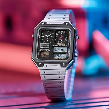 Citizen 星辰 GENT系列 JG2126-69E 80年代復古時尚 兩地時間 日期 溫度 雙顯 多功能 黑色電子錶 手錶