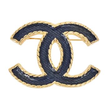 CHANEL 經典藍色琺瑯雙C LOGO滾邊造型胸針(金色)