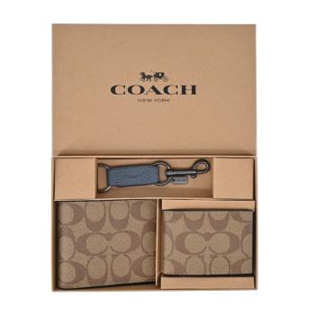 【COACH】經典滿版 LOGO PVC防刮皮革男款8卡短夾禮盒(附證件夾/卡其)