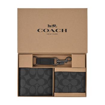 【COACH】經典滿版 LOGO PVC防刮皮革男款8卡短夾禮盒(附證件夾/黑灰)