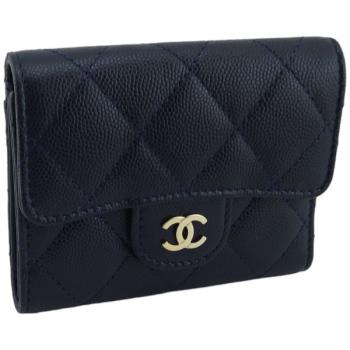 九成新--CHANEL 藍色荔枝皮雙C三折短夾