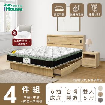 【IHouse】品田 房間4件組(床頭箱+收納抽屜底+床墊+床頭櫃) 雙人5尺