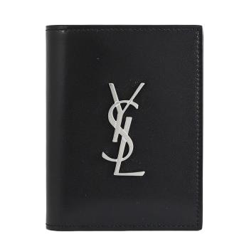 YSL 668735 金屬LOGO質感皮革窄版對開4卡短夾.黑銀