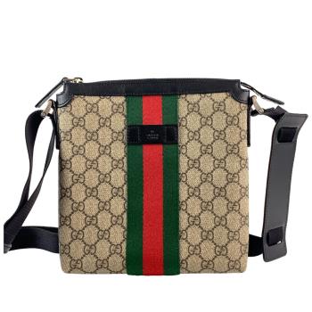 9成新【GUCCI】經典老花 GG Supreme Web Flat Messenger 斜背包 展示品