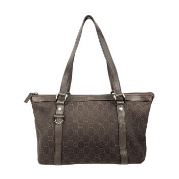 9成新【GUCCI】經典老花 GG Leather  Abbey Tote 咖色牛皮肩背包 展示品