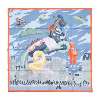 Hermes 愛馬仕 Hermès Parade 90 cm手工捲邊斜紋真絲方巾(灰藍/綠/橘)