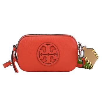 TORY BURCH 159348 皮革LOGO雙背帶斜背相機包.橘紅