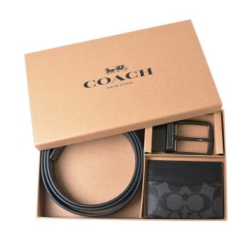 COACH 男款 緹花LOGO防刮雙面用寬版皮帶/名片夾禮盒組-黑色 