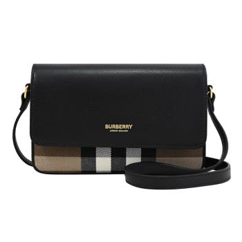 BURBERRY 8084028 Hampshire 燙金LOGO格紋翻蓋斜背包.黑