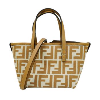 Fendi Roll Mini FF Logo 緹花布手提兩用托特包(8BS096-米)