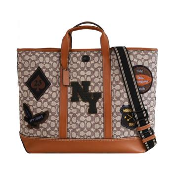 COACH CG206 緹花皮革LOGO徽章大兩用托特包.咖邊
