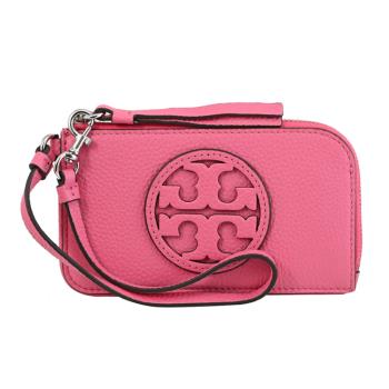 TORY BURCH 148984 經典LOGO皮革拉鍊卡片零錢包.桃粉