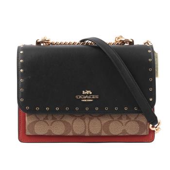 COACH 拚色+蛇壓紋皮革鉚釘鏈帶斜背包(卡其/黑/磚紅色) 90400 IME7V