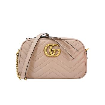Gucci 展示品 GG Marmont 仿舊金雙G牛皮拉鍊斜肩背包-24cm(447632-奶茶色)