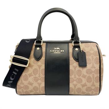 【COACH】新款C LOGO手提斜背兩用波士頓包(直紋黑)