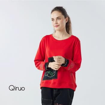 【Qiruo 奇若】秋冬專櫃紅色長袖上衣2095A圓領卡通圖設計