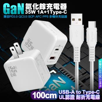VOORCA精裝1C+1A孔35W氮化鎵充電器(白)+MyStyle 國際UL認證線 USB to Type-C 快充線100cm