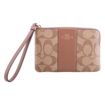 COACH-烙印金馬車駝槓條滿版LOGO 單層手拿包(深卡其)