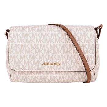 MICHAEL KORS-金字滿版MK皮革釦式斜背包(白x駝邊)小款