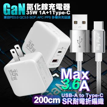 VOORCA精裝1C+1A孔35W氮化鎵充電器(白)+MyStyle 耐彎折編織線 USB to Type-C-200cm