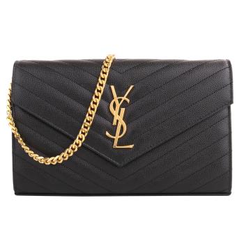 YSL- 魚子醬山形紋皮革金鍊帶WOC 斜背包(黑)