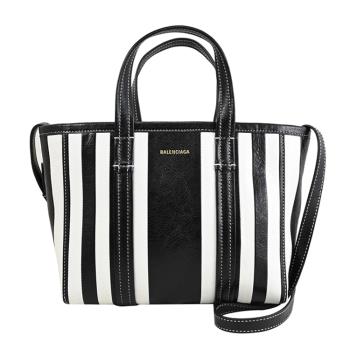 BALENCIAGA 巴黎世家 671404 燙金LOGO條紋小羊皮兩用托特包.黑/白